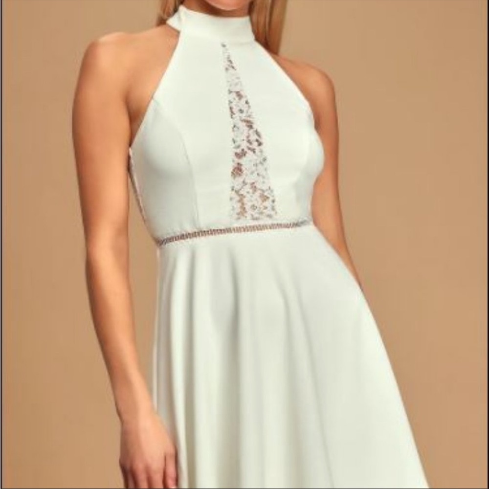 Lulus White Halter Neck lace open back waist skater mini dress